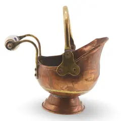 Galeata decorativa vintage din cupru cu maner din alama si portelan, 17cm