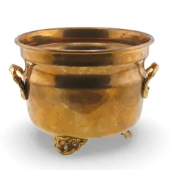 Vas vintage din alama pe picioare decorative si manere laterale, 14cm