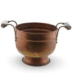 Vas vintage din cupru cu manere din portelan pictat, 27cm