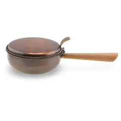 Vas cu capac vintage din cupru si maner din lemn sculptat manual, 27cm