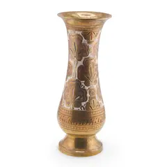 Vaza vintage din alama gravata si emailata, model floral colorat, 19,5cm