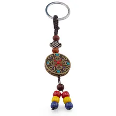 Breloc tibetan rotund cu model dublu dorje, margele rosii galbene albastre, 14cm
