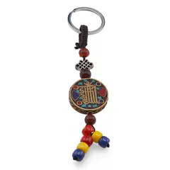 Breloc tibetan rotund cu model Kalachakra, margele rosii galbene albastre, 14cm