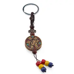 Breloc tibetan rotund cu model OM, margele rosii galbene albastre, 14cm