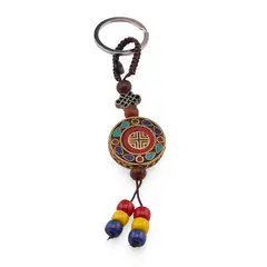 Breloc tibetan rotund cu model Shou, margele rosii galbene albastre, 14cm