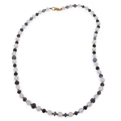 Colier Cristal de stanca sfere 6mm si Safir albastru discuri fatetate 4-8mm cu Hematit sfere fatetate 2mm