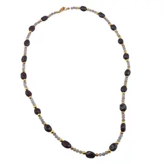 Colier Labradorit sfere 3mm, Granat neuniform 5-8mm si Hematit auriu cuburi 3mm cu bumbi aurii