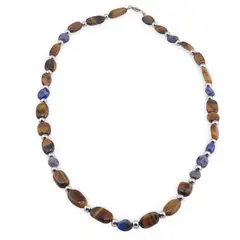 Colier Lapis Lazuli si Ochi de tigru neuniform cu bumbi argintii, 6-12mm