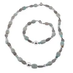 Set bratara si colier Amazonit sfere 4mm si neuniform 8-10mm, Labradorit neuniform 6-10mm si Hematit fatetat 4mm cu element argintiu