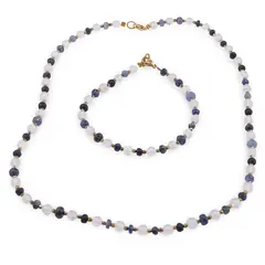 Set bratara si colier Cristal de stanca sfere 6mm si Safir albastru discuri fatetate 4-8mm cu Hematit sfere fatetate 2mm