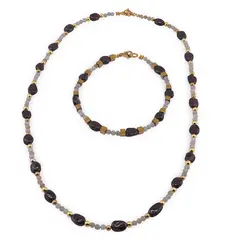 Set bratara si colier Labradorit sfere 3mm, Granat neuniform 5-8mm si Hematit auriu cuburi 3mm cu bumbi aurii