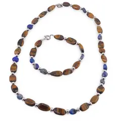 Set bratara si colier Lapis Lazuli si Ochi de tigru neuniform cu bumbi argintii, 6-12mm