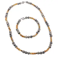 Set bratara si colier Ochi de tigru galben 4mm si Jasp dalmatian sfere 6mm cu elemente din Hematit auriu 3mm