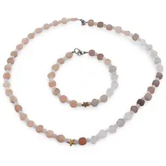 Set bratara si colier Piatra lunii piersica si gri banuti 5-6mm si Piatra Lunii alba sfere 4mm cu steluta din Hematit auriu 6mm