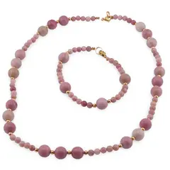 Set bratara si colier Rodonit roz sfere 4-8mm cu bumbi aurii