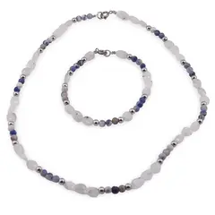 Set bratara si colier Sodalit sfere 4mm si Piatra Lunii neuniforma fatetata 6-10mm cu bumbi argintii