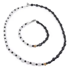 Set bratara si colier Turmalina neagra sfere si neuniforma 3-7mm si Piatra Lunii neuniforma 5-7mm cu steluta din Hematit auriu 6mm