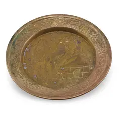 Tava vintage rotunda din alama gravata, model egiptean, 9,5cm
