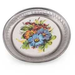Suport pahar vintage din metal cu insertie decor flori albastre, 19cm