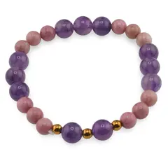 Bratara pe elastic Ametist sfere 8mm, bumbi aurii si Rodonit roz sfere 6mm