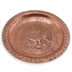 Tava vintage din cupru ciocanit, model corabie gravata, 20,5cm