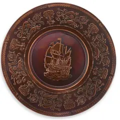 Tablou vintage din cupru gravata, model corabie si motive florale, 30cm