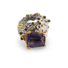 Inel din argint 925 placat cu aur 14k cu Ametist si zirconii verzi, model fantasy - marimea 56