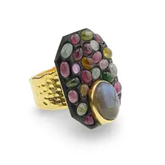Inel din argint 925 placat cu aur 14k lucrat manual cu Turmalina multicolora si Labradorit, marimea 58