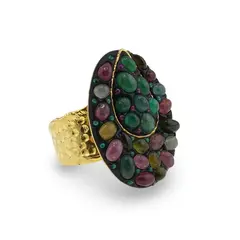 Inel din argint 925 placat cu aur 14k lucrat manual si cristale incrustate Turmalina multicolora, marimea 58