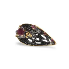 Inel din argint 925 placat cu aur 14k si rodiu negru cu cristale incrustate, model frunza - marimea 58