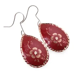 Cercei din cupru lacrima, model floare ornament rosie