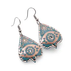 Cercei din cupru forma frunza, model mandala si flori bleu