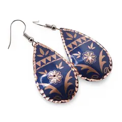 Cercei din cupru lacrima, model floral tribal albastru