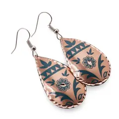 Cercei din cupru lacrima, model floral tribal turcoaz