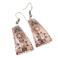 Cercei din cupru trapezoidali, model stele florale turcoaz
