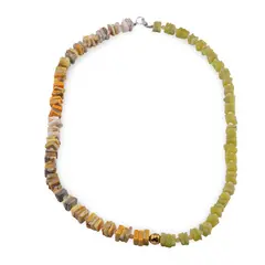 Colier Jad olive si Jasp Bumblebee patratele 6-7mm cu sfere de Citrin 3mm si Hematit auriu 6mm