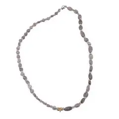 Colier Labradorit banuti 5mm, neuniform 8-12mm si sfere 3mm cu steluta din Hematit auriu 6mm
