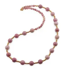 Colier Rodonit roz sfere 4-8mm si bumbi aurii
