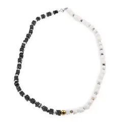 Colier Turmalina neagra si Opal alb patratele 4-5mm cu sfere de Opal dendritic 4mm si Hematit auriu 6mm