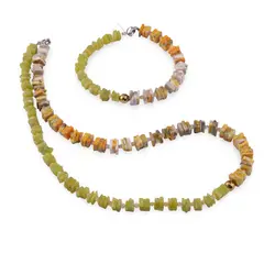 Set colier si bratara Jad olive si Jasp Bumblebee patratele 6-7mm cu sfere de Citrin 3mm si Hematit auriu 6mm