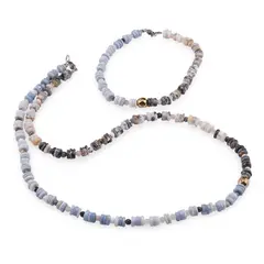 Set colier si bratara Opal albastru si Opal dendritic rondele 5-6mm si sfere 3-4mm cu Hematit auriu 6mm