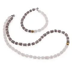 Set colier si bratara Piatra lunii gri si Piatra Lunii alba rondele 5-6mm si sfere 3mm cu Hematit auriu 6mm
