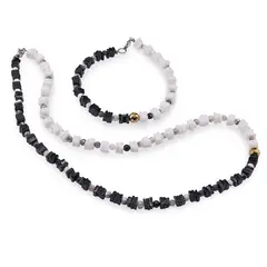 Set colier si bratara Turmalina neagra si Opal alb patratele 4-5mm cu sfere de Opal dendritic 4mm si Hematit auriu 6mm
