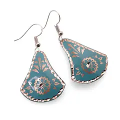 Cercei din cupru clopot, model mandala si flori bleu