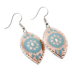Cercei din cupru migdalati, model mandala florala bleu