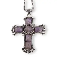 Colier cu pandantiv argintiu cruce din Ametist, 8cm