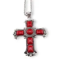 Colier cu pandantiv argintiu cruce din Coral rosu, 8cm