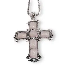 Colier cu pandantiv argintiu cruce din Cuart roz, 8cm