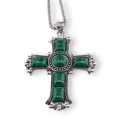 Colier cu pandantiv argintiu cruce din Malachit, 8cm