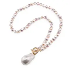 Colier Perle de Mallorca albe, roz si crem 6mm cu pandantiv